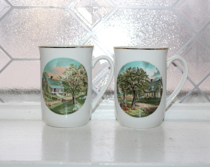 2 Vintage Currier and Ives Coffee Mugs Spring and Autumn