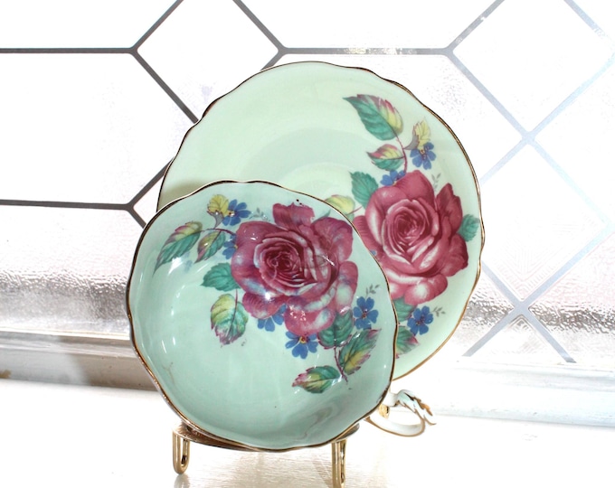Paragon Fine Bone China Tea Cup and Saucer Green w/ Large Floating Cabbage Rose