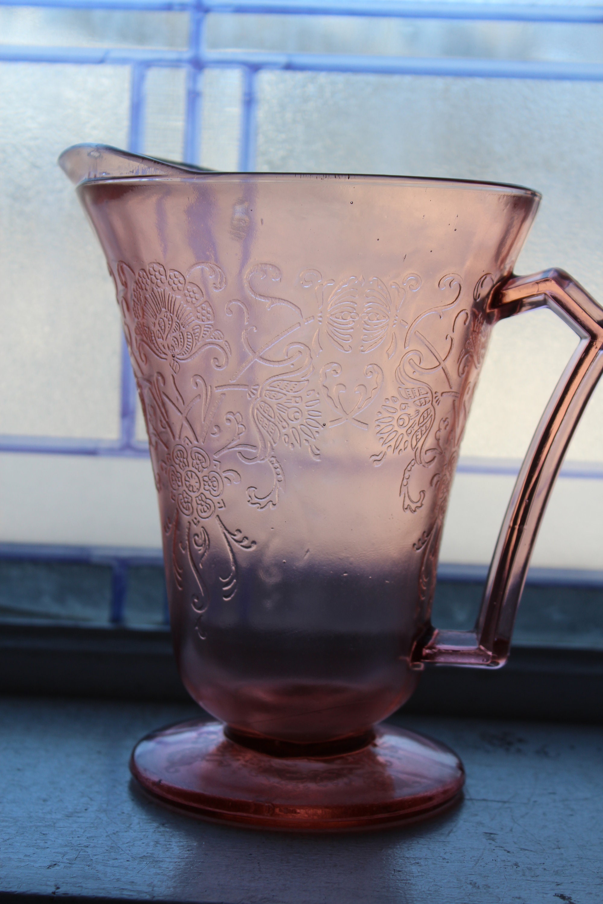 Pink Depression Glass Pitcher & 2 Juice Tumblers Florentine 2 Poppy