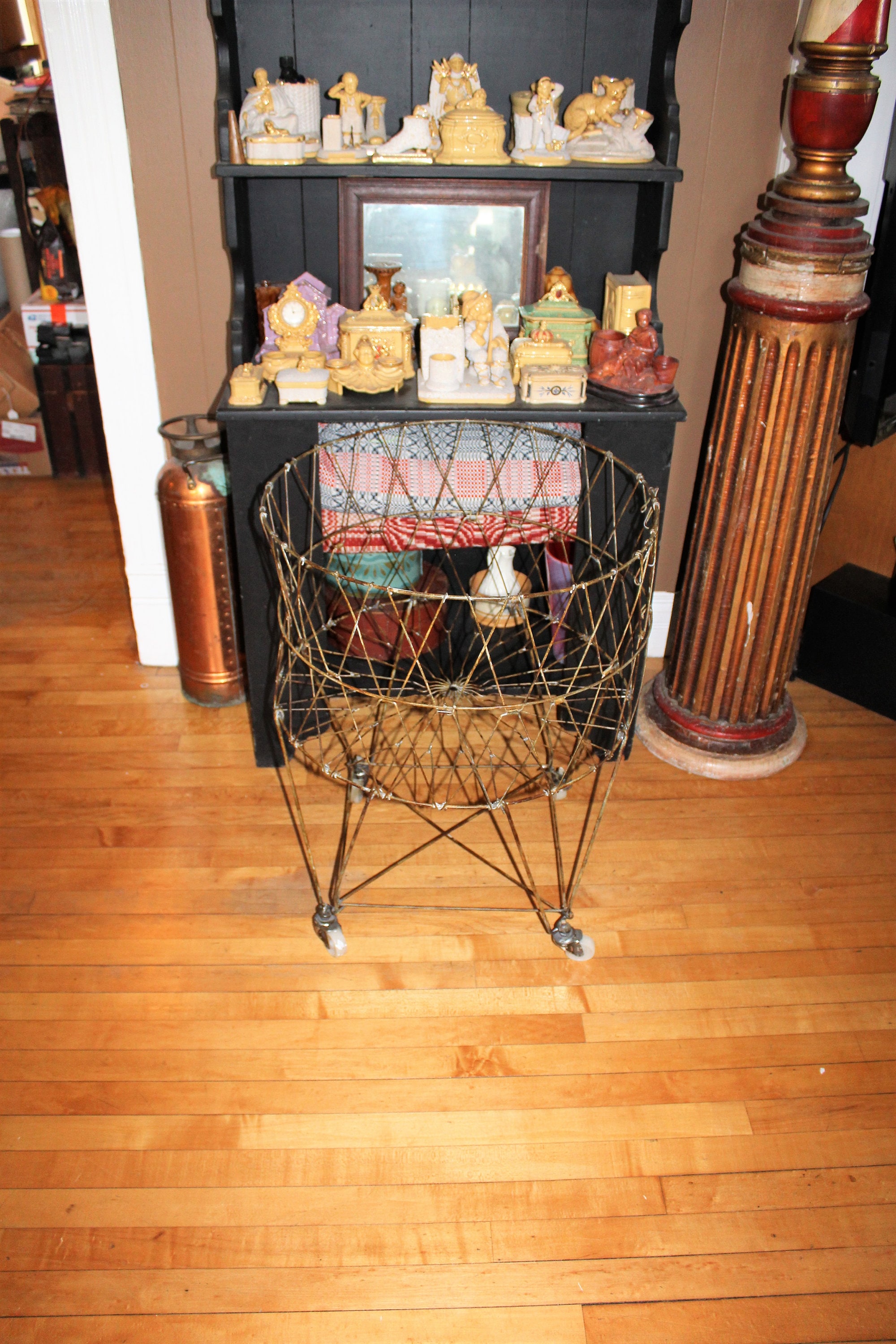 Large Vintage Wire Laundry or Storage Basket 30 On Wheels Collapsible