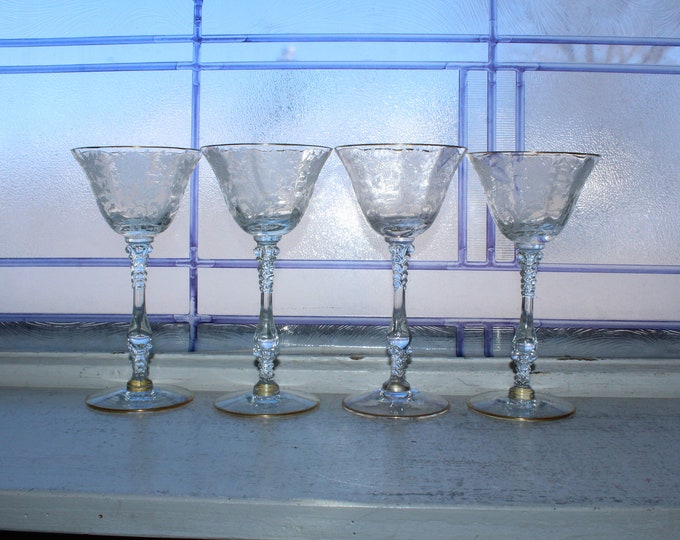 4 Cambridge Wildflower Liquor Cocktail Glasses with Gold Trim 1940s