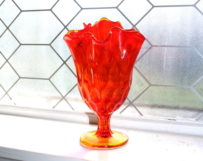 Vintage Fenton Thumbprint Orange Glass Vase Pedestal Amberina Handkerchief