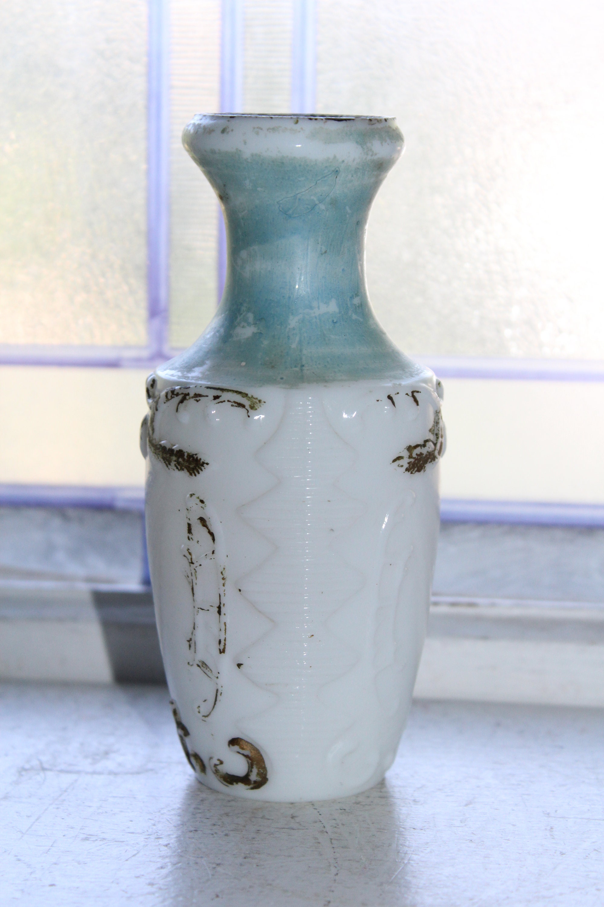 Antique Victorian Hand Painted Milk Glass Vase 1800s