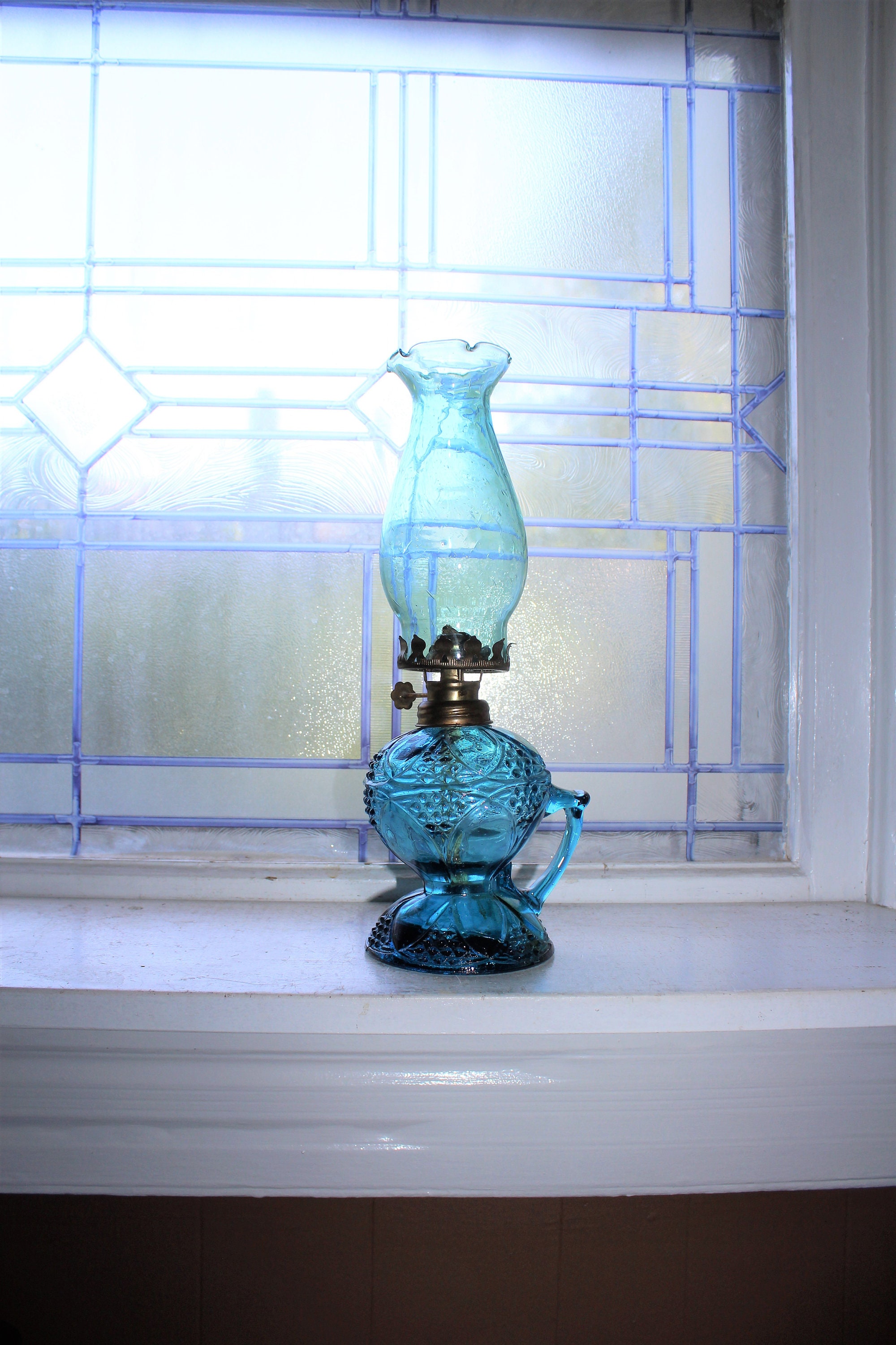Vintage Blue Glass Oil Lamp with Handle