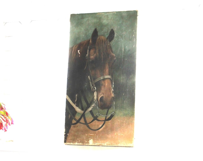 Antique 19th Century Horse Painting Oil on Canvas Realistic Primitive Style