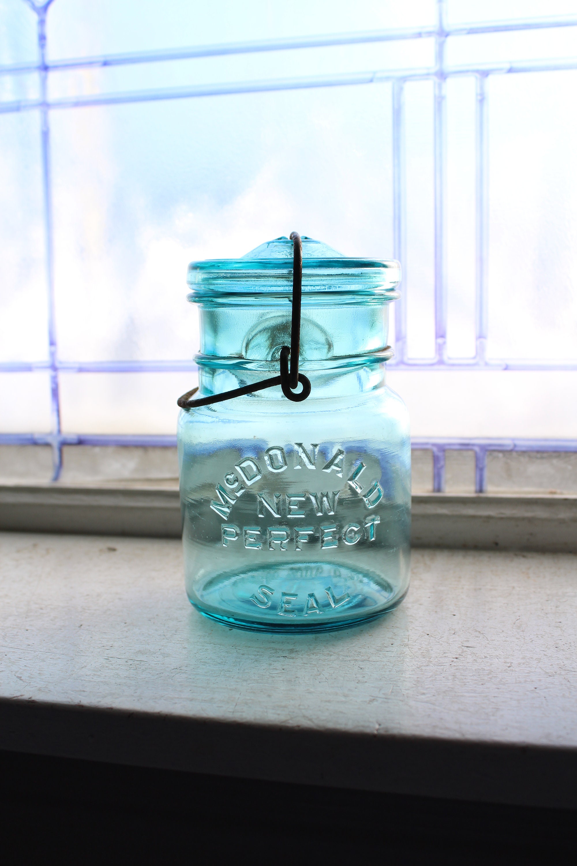 Blue Canning Jar McDonald New Perfect Seal Pint Mason Jar & Glass Lid