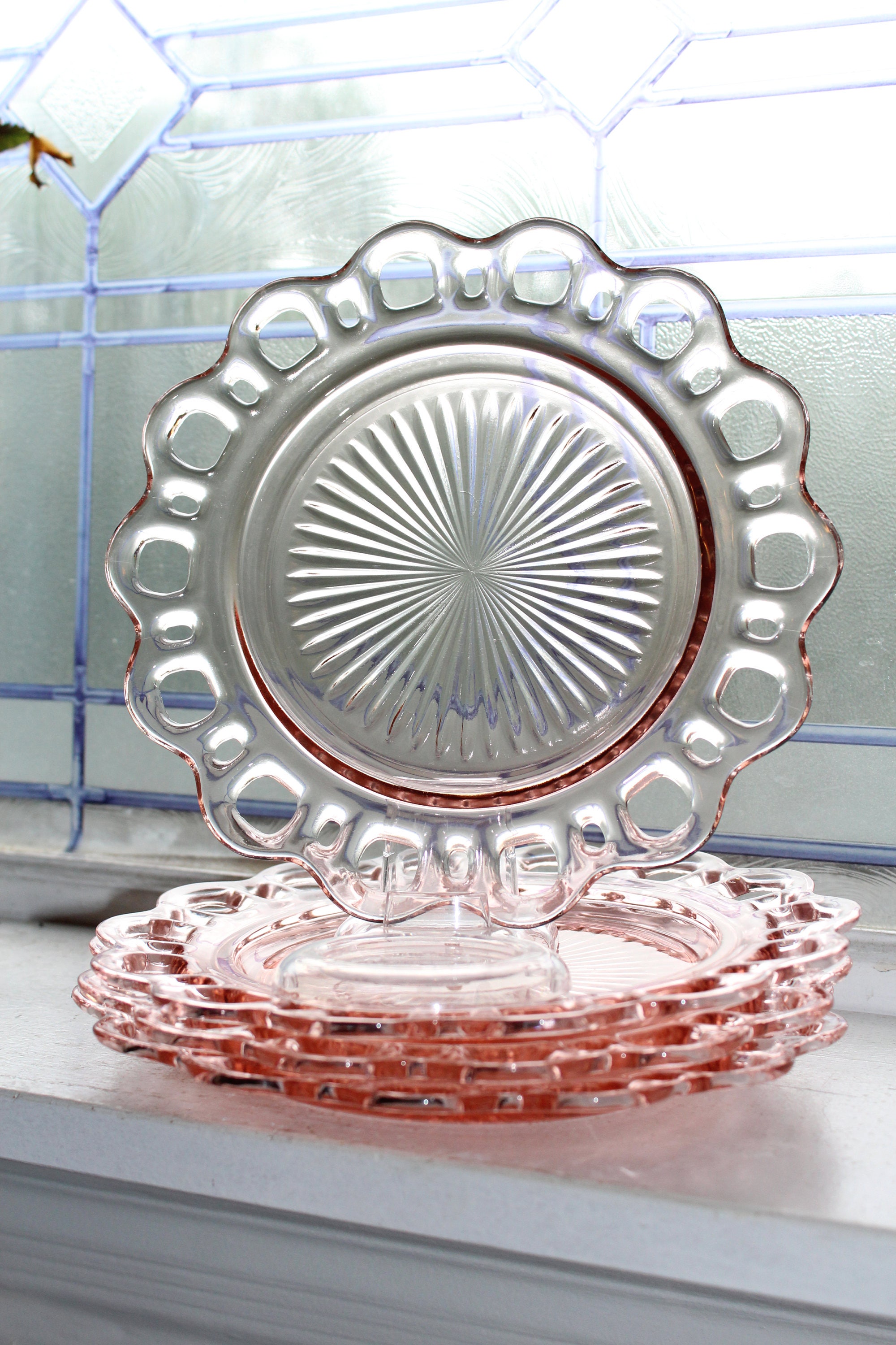4 Pink Depression Glass Salad Plates Lace Edge Open Lace Vintage 1930s