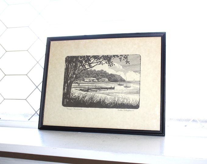 Vintage Harlan Scheffler Woodblock Print Peaceful Peninsula Artist Signed