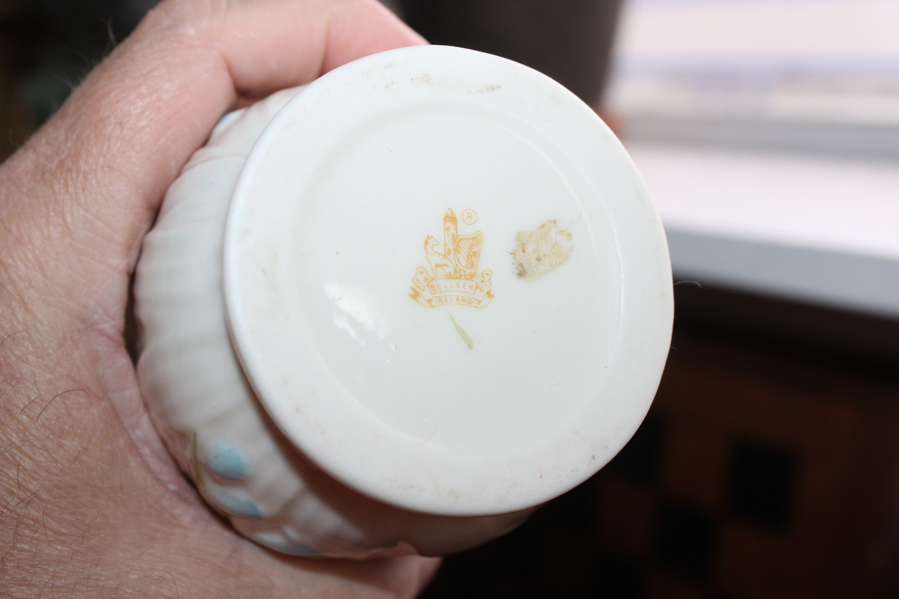 Vintage Irish Belleek Harebell Vase with Blue Bell Flowers Gold Mark