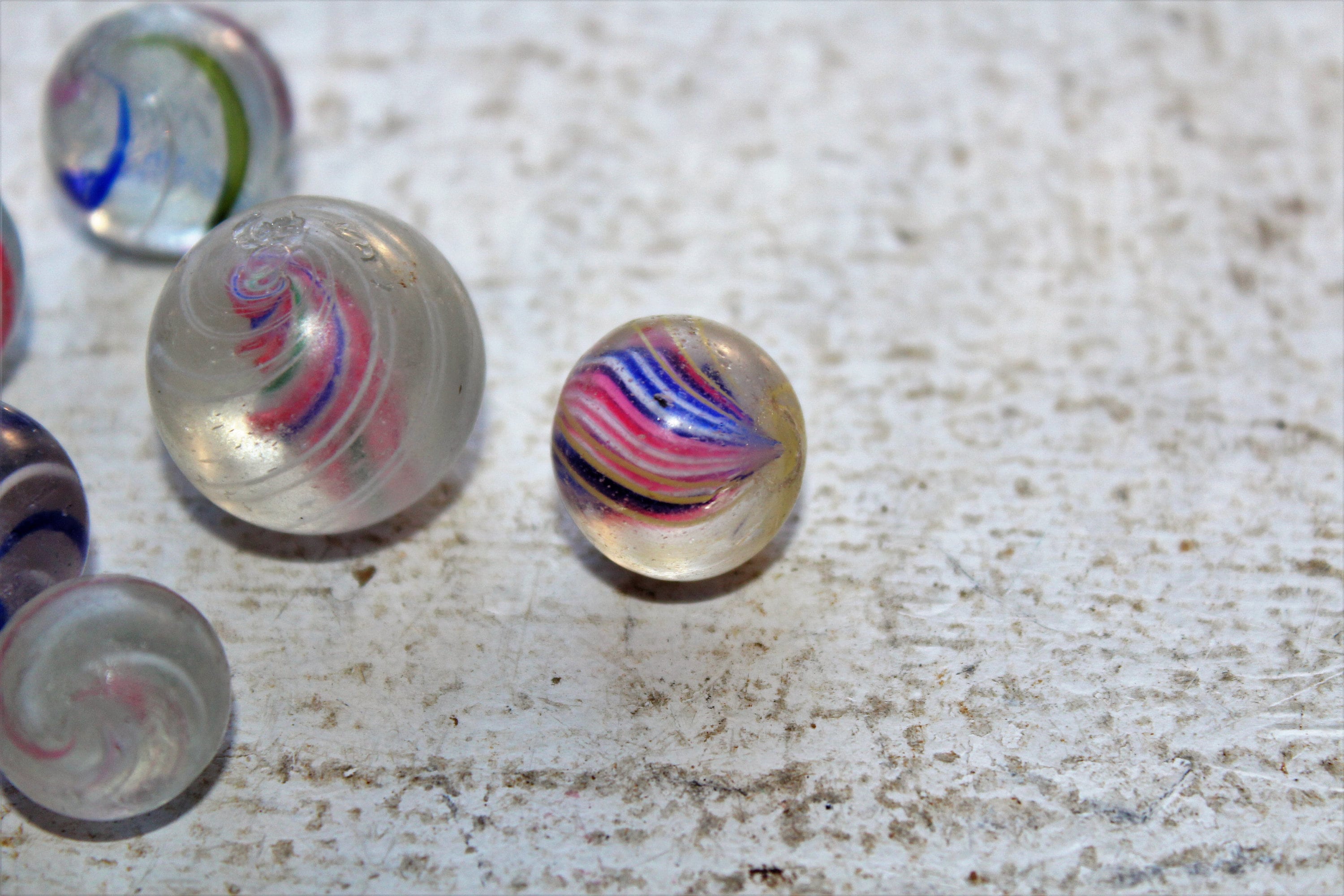 6 Antique Hand Made Glass Marbles Latticinio and Ribbons