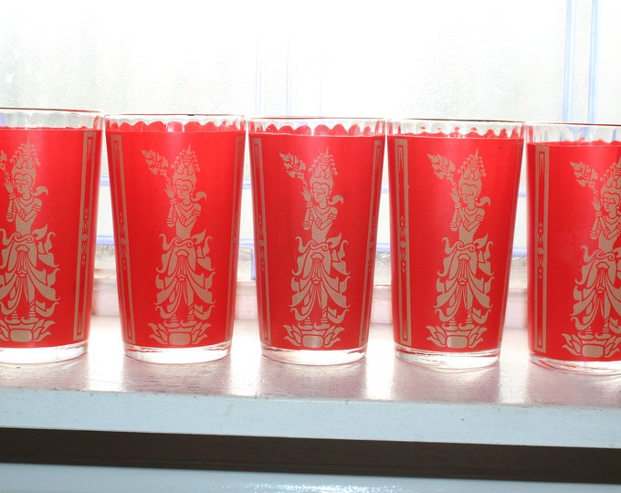 5 Mid Century Federal Glass Thai Lakorn Tumblers Gold and Red