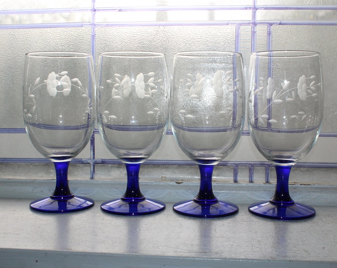 4 Cobalt Blue Stemmed Etched Water Goblets