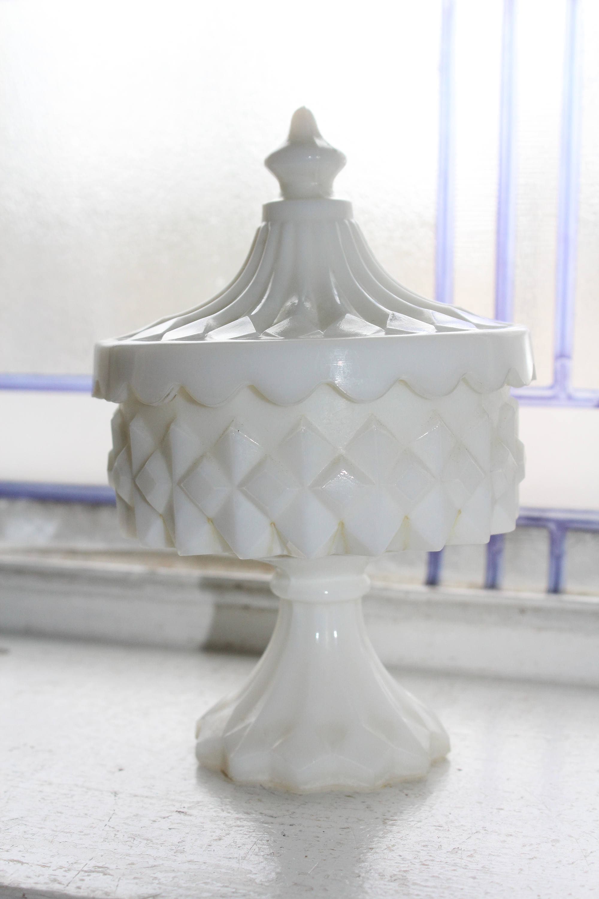 Milk Glass Footed Candy Dish with Lid Vintage 1900s