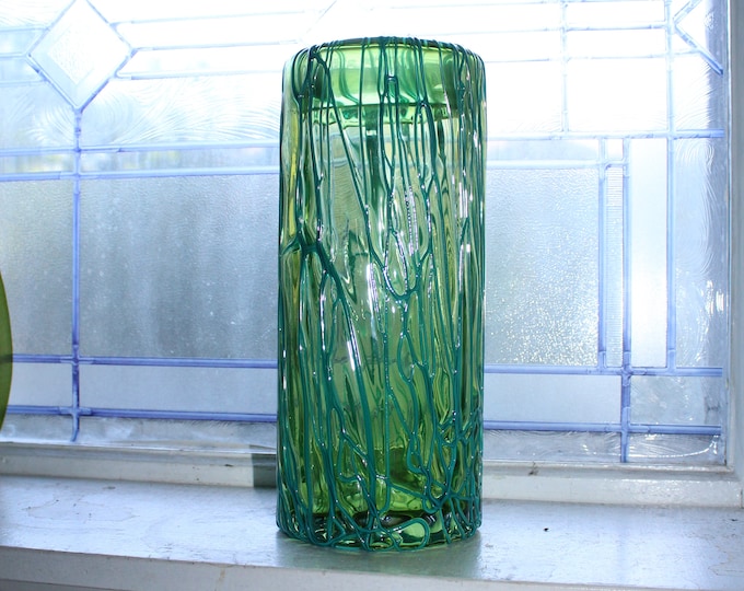 Large Studio Art Glass Cylinder Vase Seaweed Pattern with Rolled Rim