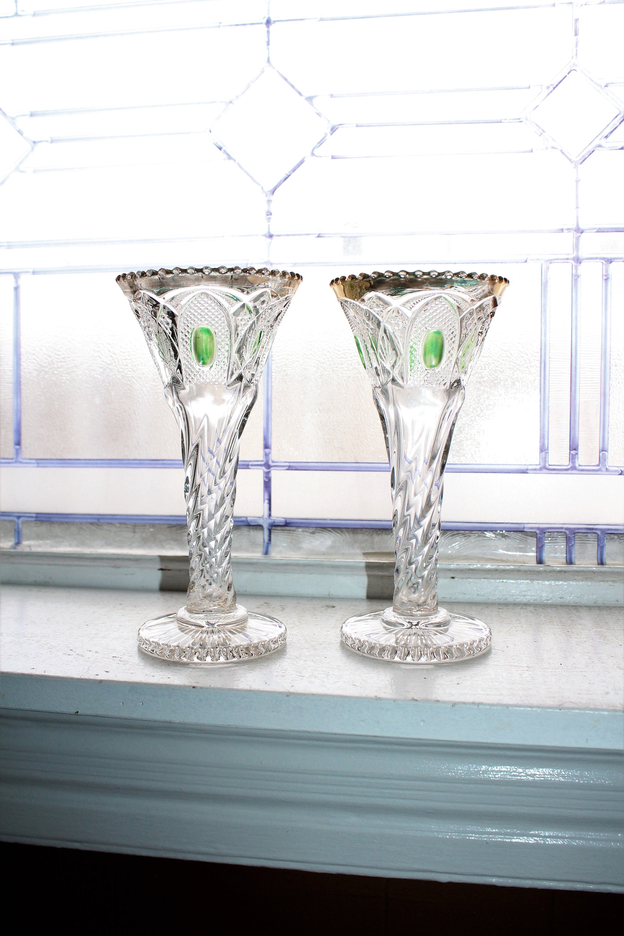 Antique EAPG Glass Trumpet Vases Pair New Hampshire by US Glass 1903