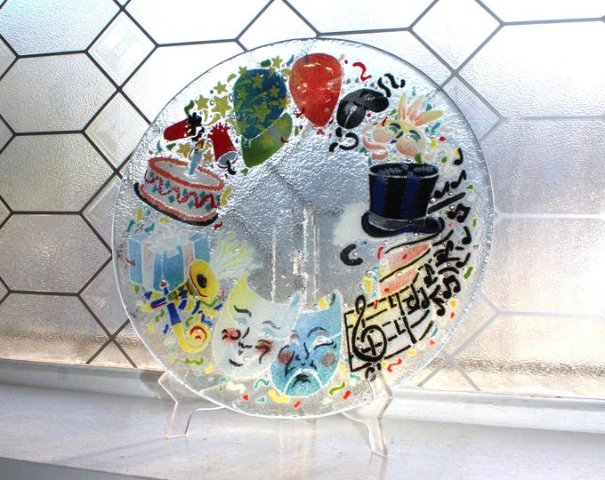 Large Peggy Karr Fused Glass Mardi Gras Celebration Platter
