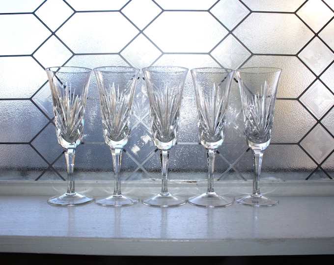 5 Vintage Gorham Crystal Cherrywood Champagne Flutes