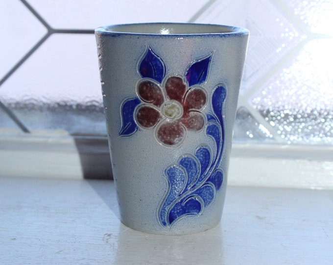 Vintage Salt Glazed Stoneware Tumbler Cobalt Blue Decoration