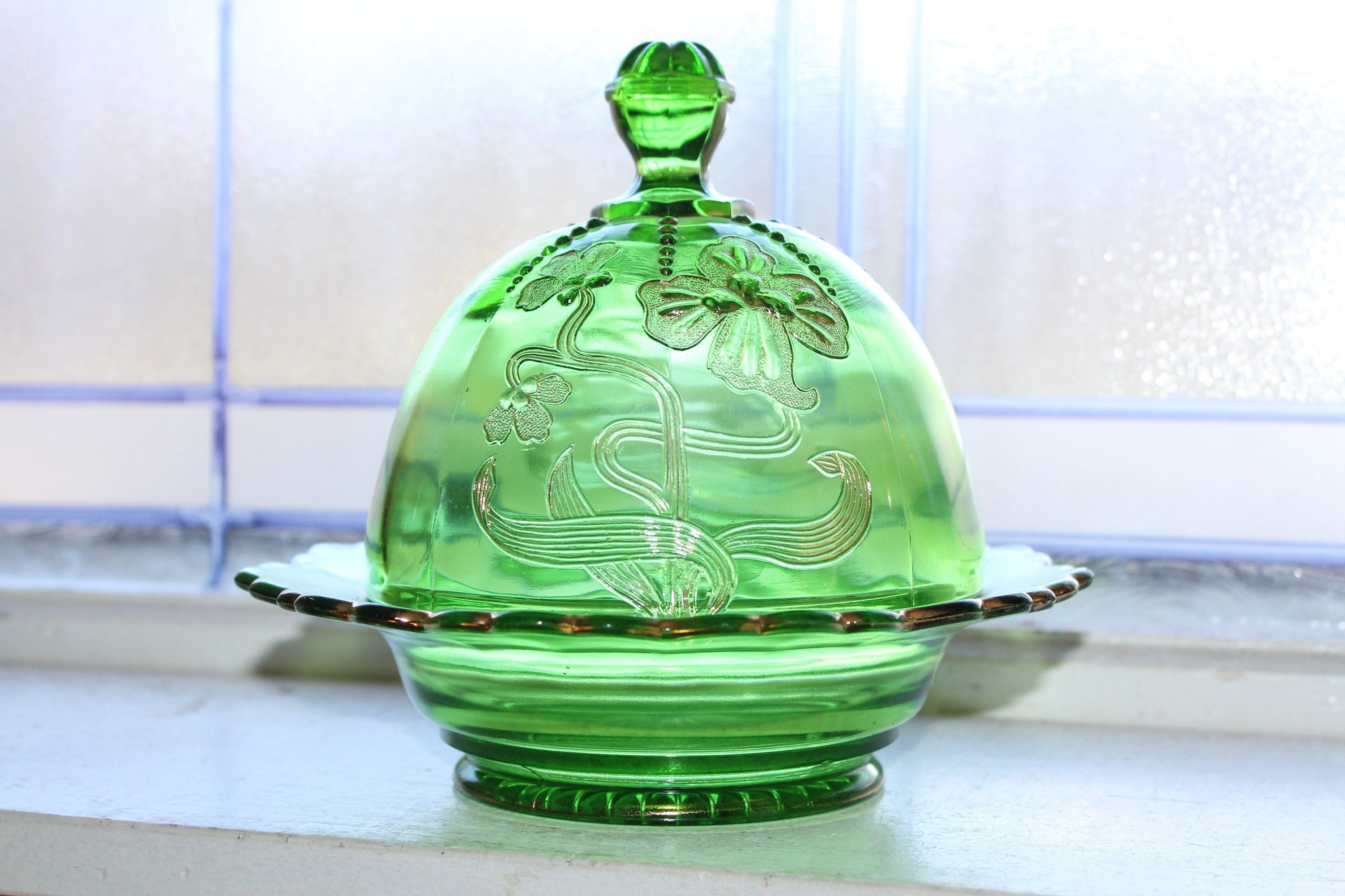 EAPG Domed Butter Dish Antique 1900s Art Nouveau Green Glass