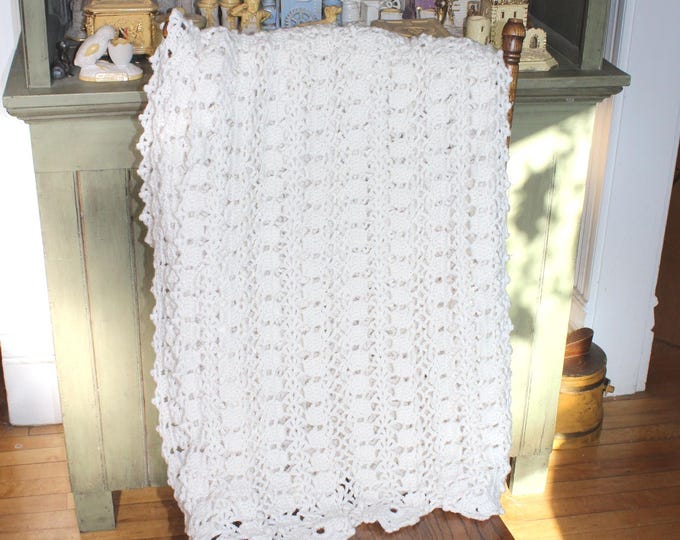 Large Vintage Handmade Crocheted Afghan White Throw 1960s Granny Chic