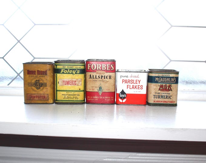 5 Vintage Kitchen Spice Tins Home Brand Foley's Forbes Tone's McLaughlin's