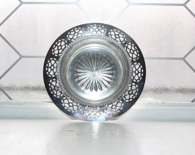 Vintage Oxford Plate Pierced Silverplate and Glass Jelly Dish Coaster Ashtray