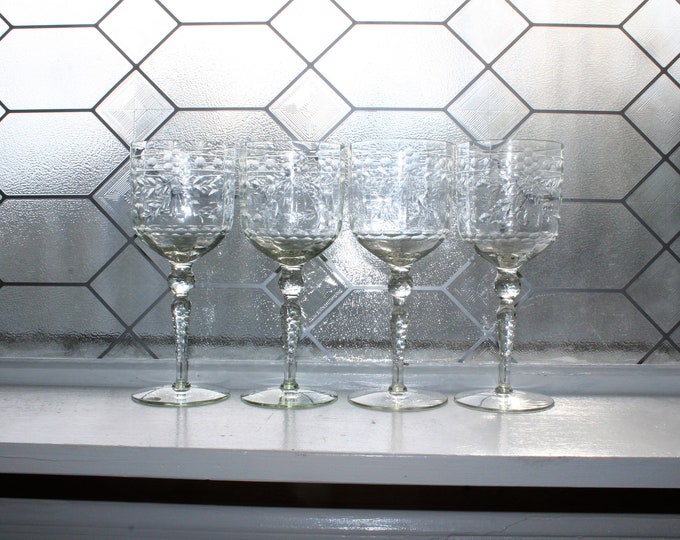 2 Art Deco Wine Glasses Stemware Vintage 1920s Etched Goblets