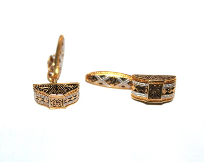 Vintage Estate Toledo Damascene Cufflinks Gold Plate Silver Black Enamel