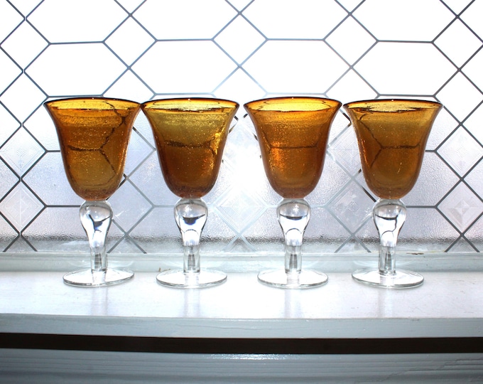 4 Iris Amber Artland Bubble Glass Goblets Hand Blown