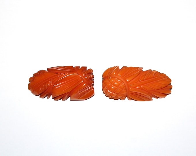 Carved Orange Bakelite Dress Clip Set Vintage Art Deco