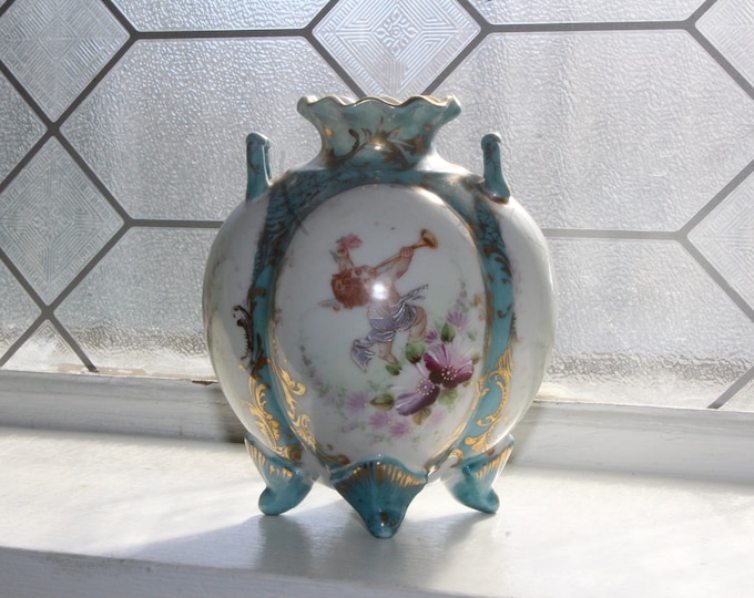 Antique NPSK Nippon Double Handled Footed Cherub Vase Hand Painted