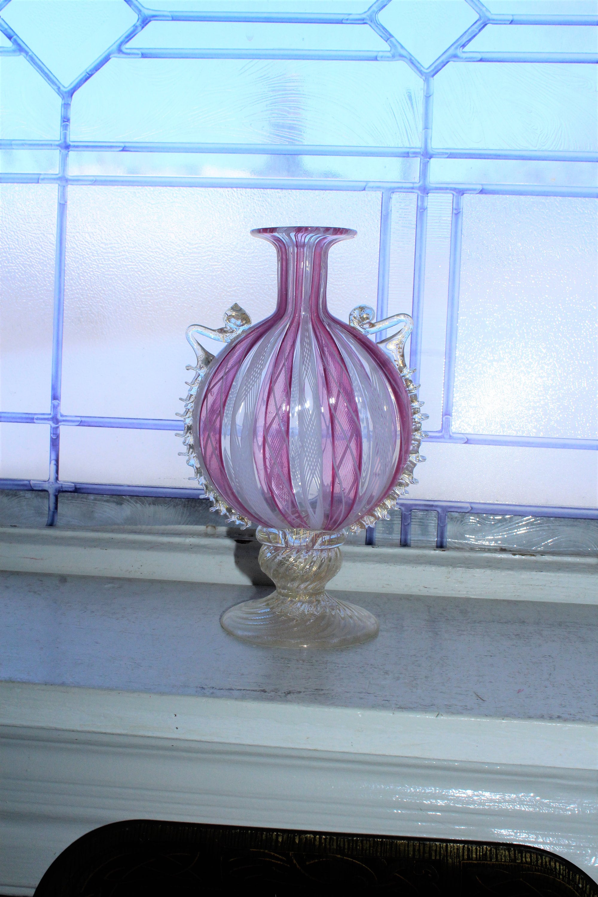 Vintage Murano Latticino Glass Footed Orb Vase