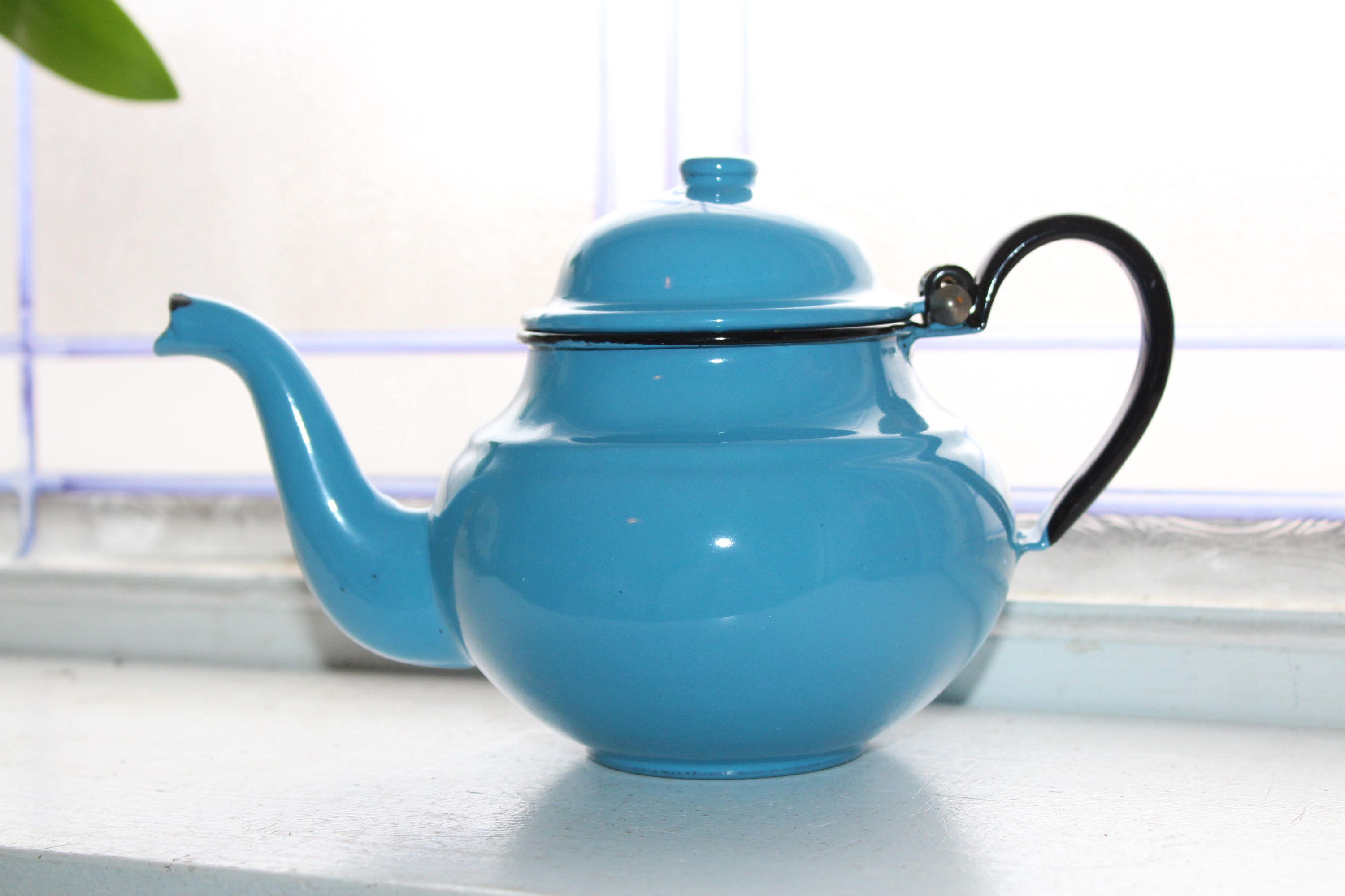 Vintage Blue Enamelware Teapot Blue Graniteware Tea Pot