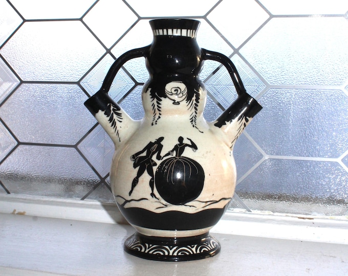 Vintage Italian Art Deco Black & White Majolica Pitcher by Fernando Boldrini