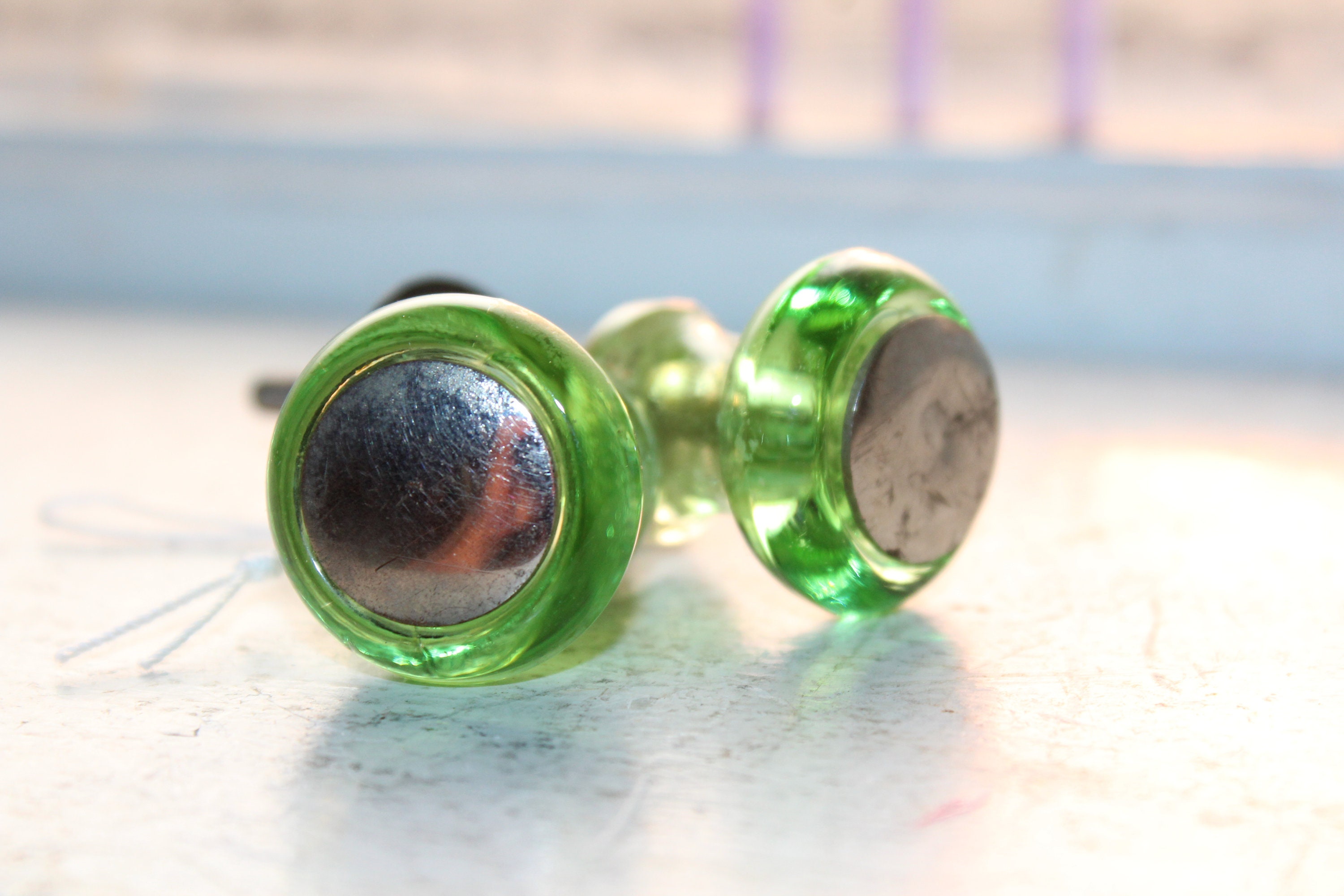 2 Green Depression Glass Drawer Knobs Vintage 1930s