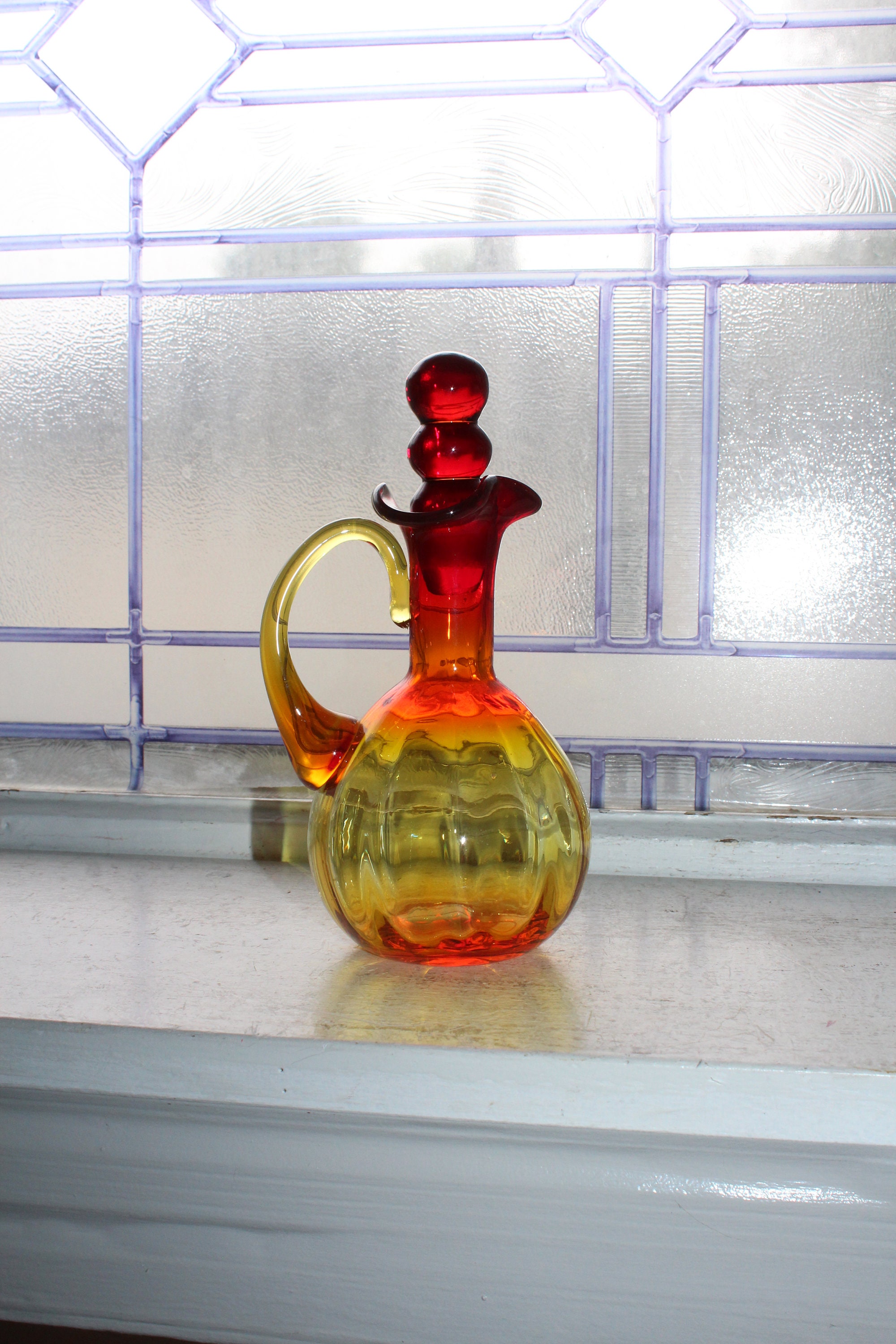 Vintage Amberina Rainbow Glass Cruet With Bubble Stopper 1960s