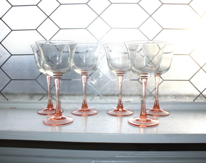 6 Cristal d'Arques Durand Americana Rose Pink Stem Wine Glasses