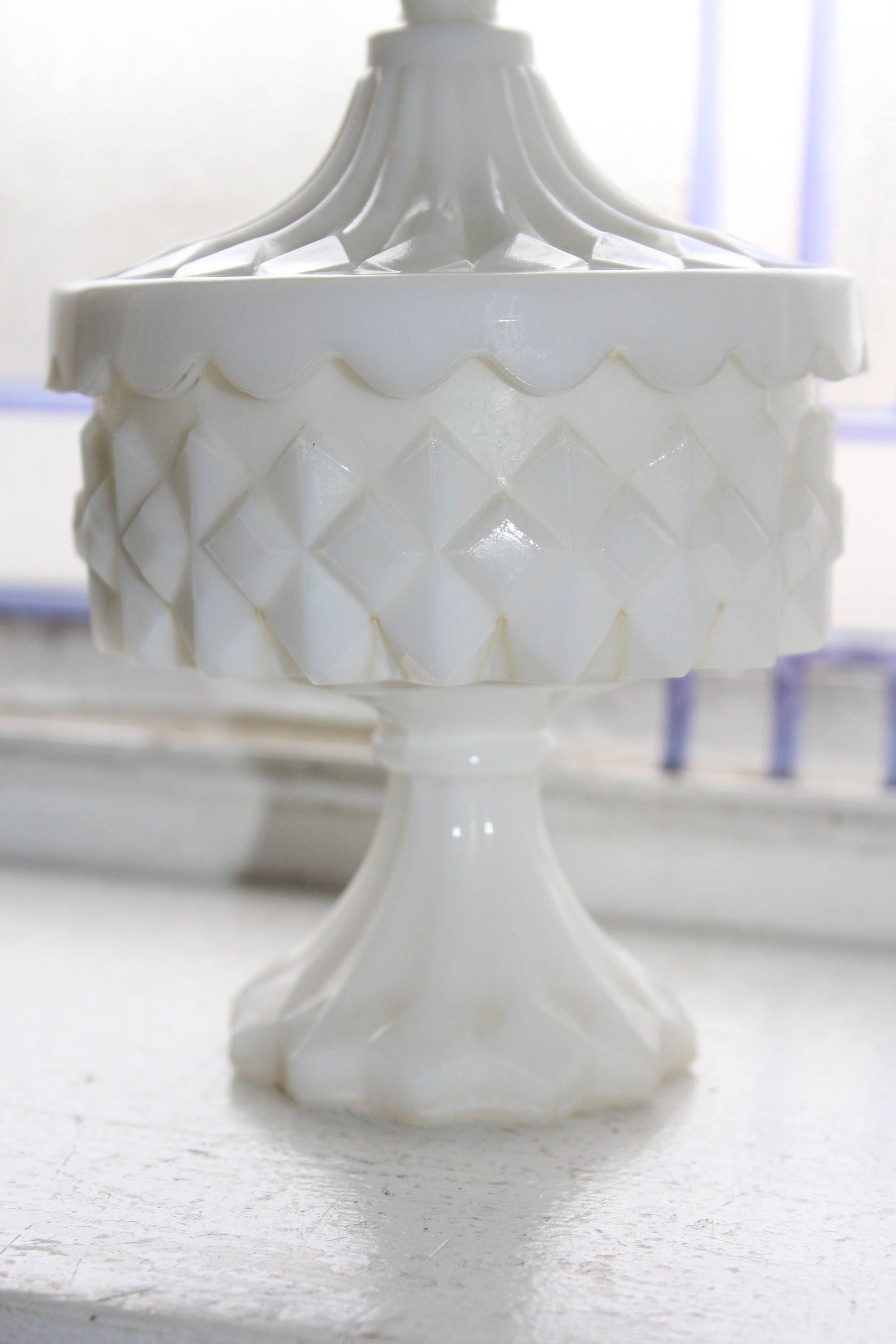 Milk Glass Footed Candy Dish with Lid Vintage 1900s