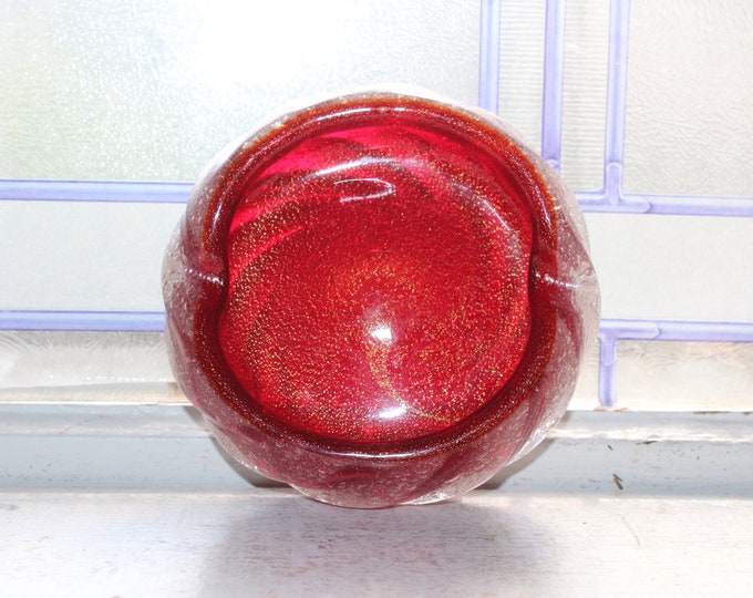 Vintage Mid Century Murano Red Spiral Art Glass Ashtray Gold Mica
