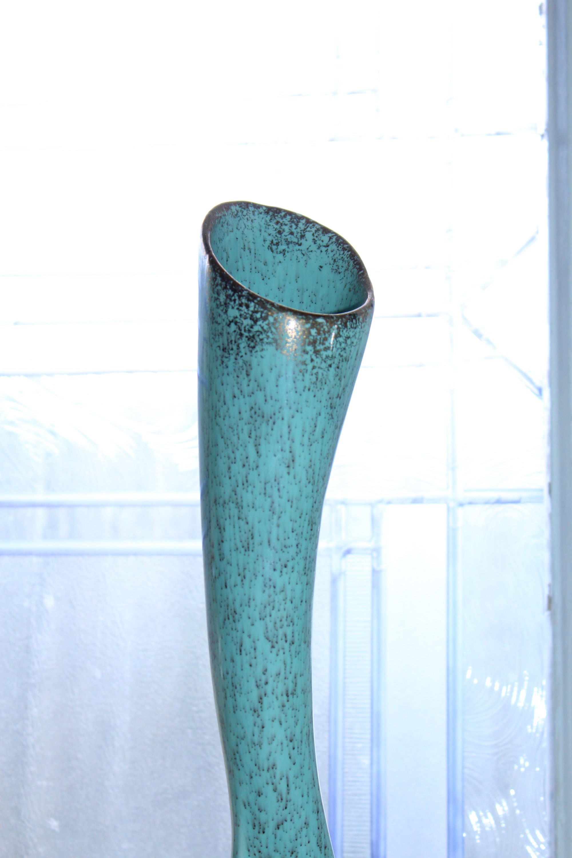 Large Mid Century Modern Turquoise Vase with Gold Speckles