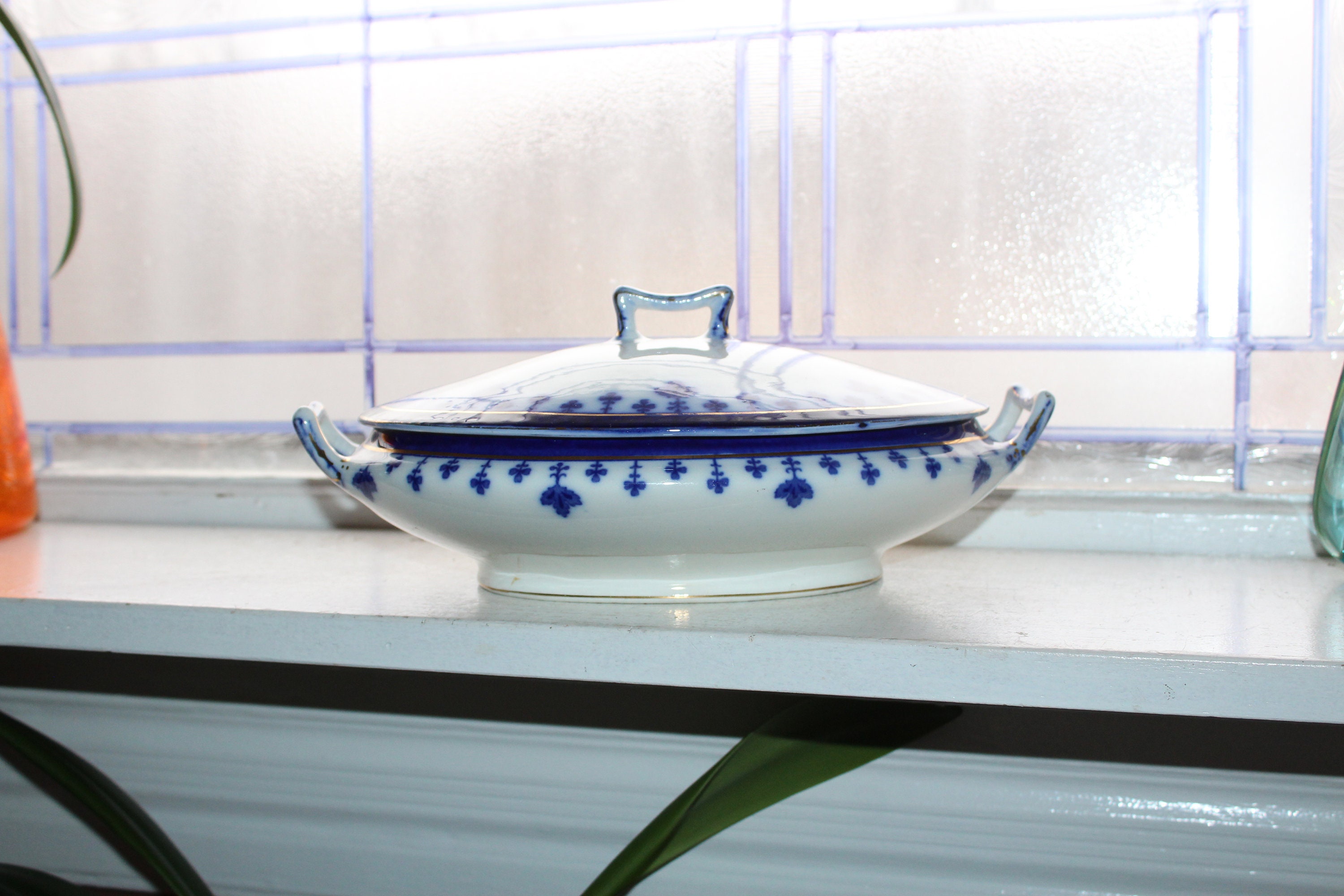Antique Flow Blue Soup Tureen Serving Dish 1800s Meakin