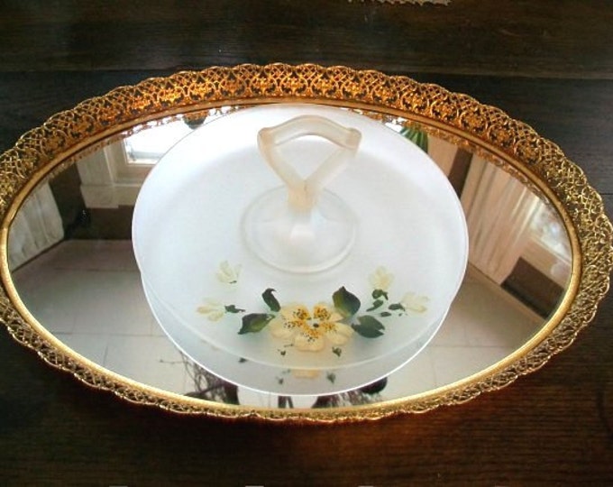 Vintage Satin Glass Tid Bit Tray with Center Handle & Yellow Flowers