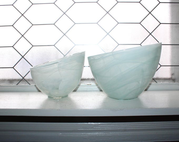 2 VITROCOLOR Vintage Recycled Glass Bowls Blue White Swirl