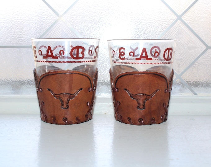 2 Vintage Libbey Bamco Western Bar Glasses w/ Tooled Leather Sleeves