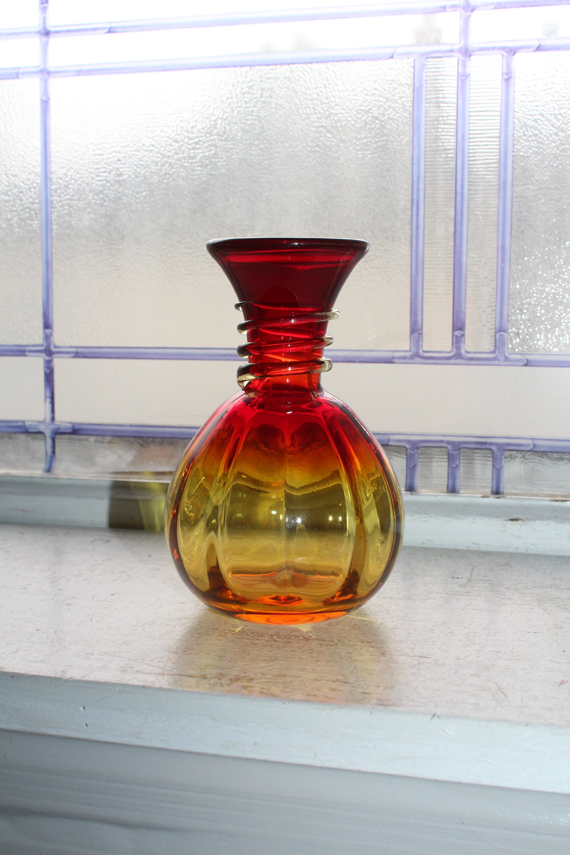 Vintage Mid Century Amberina Rainbow Glass Vase with Spiral Thread