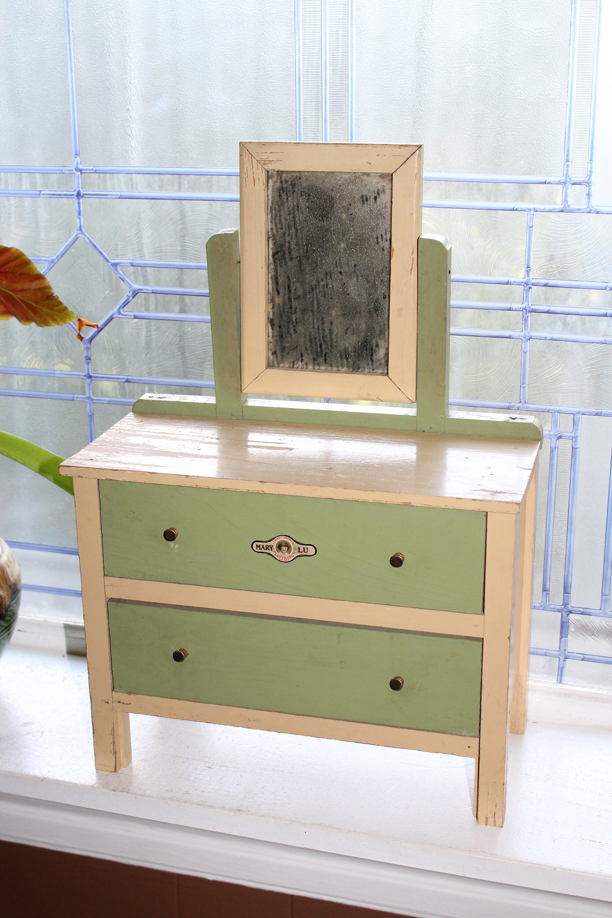 Vintage 1940s Mary Lu Toy Dresser Green and White Wood Child's Dresser