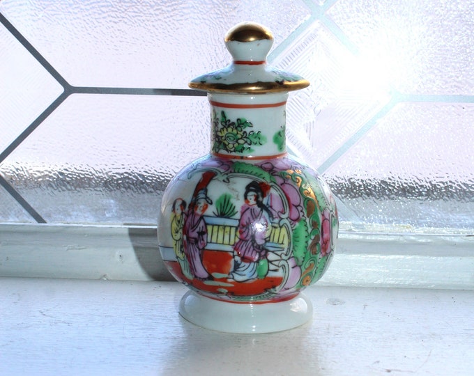 Vintage Polychrome Asian Soy Sauce Bottle Dispenser with Screw On Lid