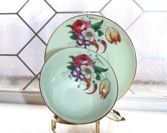 Paragon Fine China Tea Cup and Saucer Floral Bouquet on Minty Green