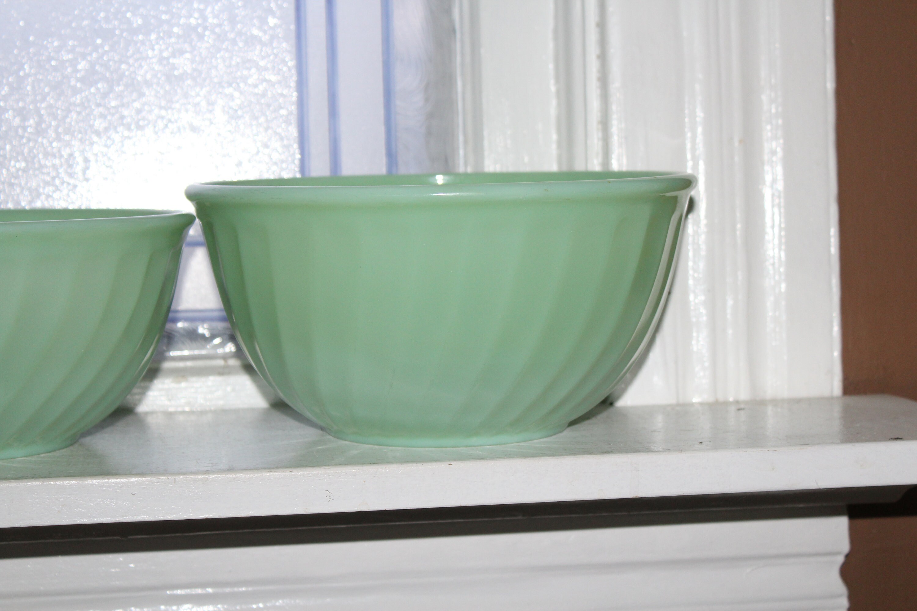 4 Nesting Jadite Green Swirl Mixing Bowls Vintage Fire King 1940s