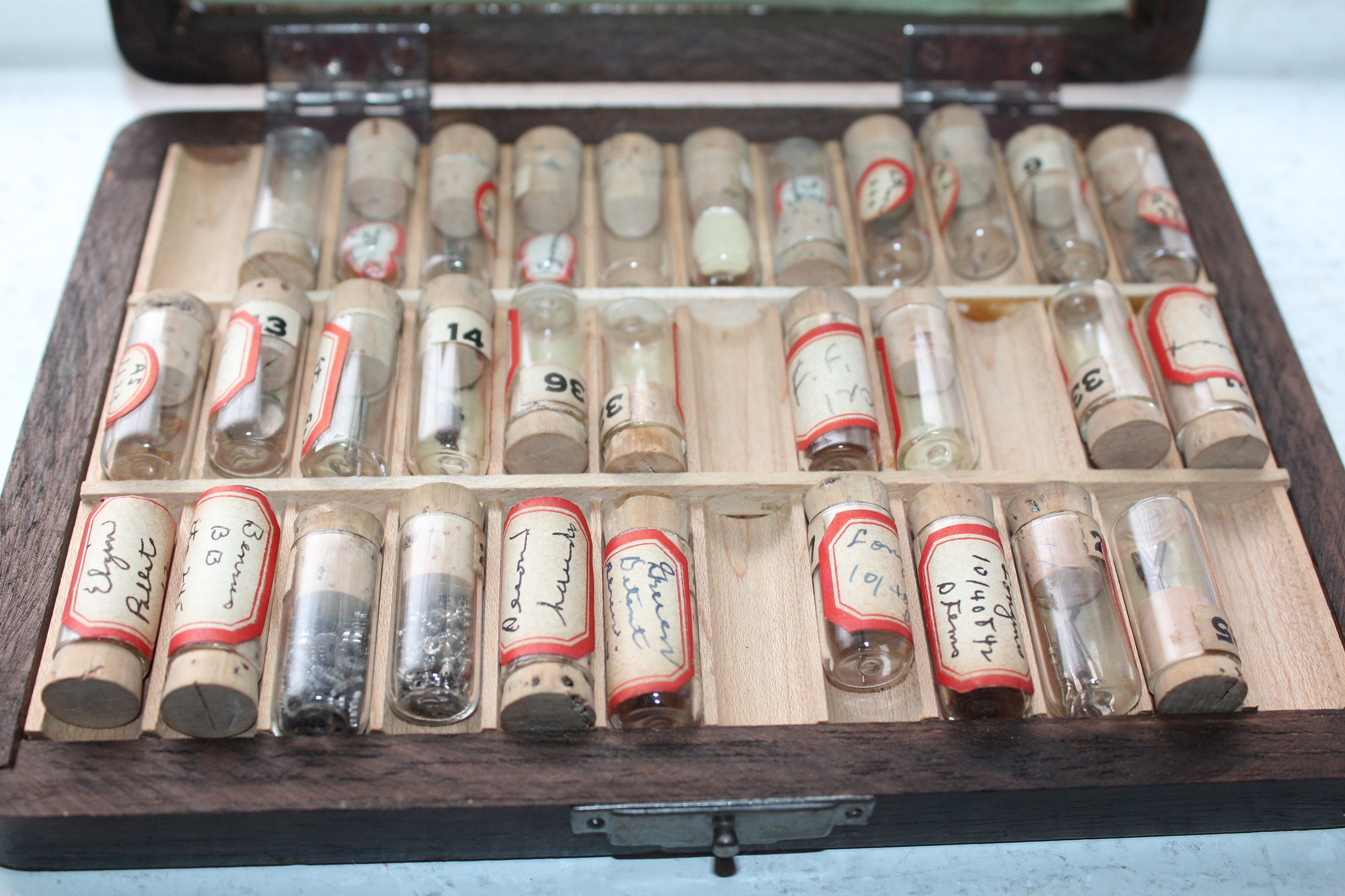 Vintage Wood Case of Watch Parts in Glass Vials
